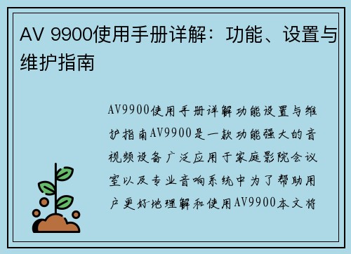 AV 9900使用手册详解：功能、设置与维护指南