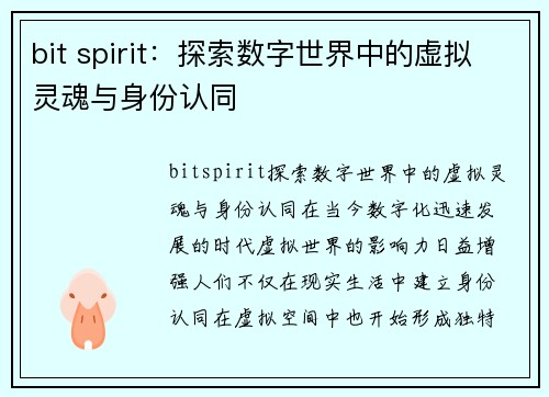 bit spirit：探索数字世界中的虚拟灵魂与身份认同